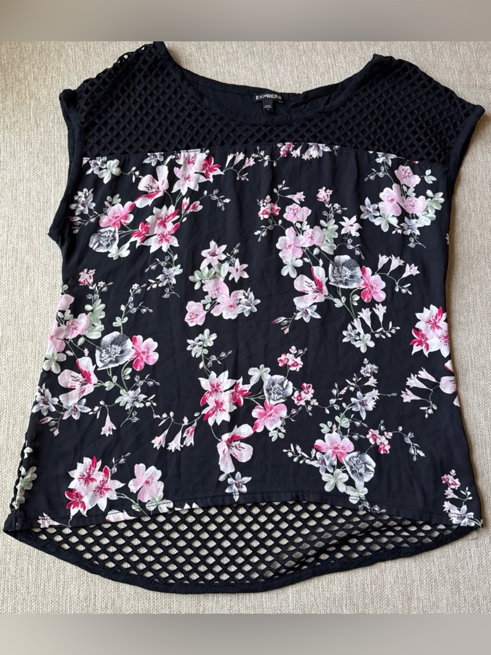Express Black Floral Mesh-Yoke Cap Sleeve Top